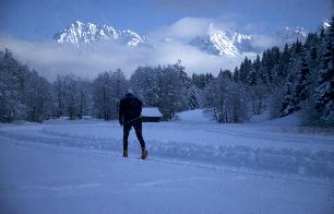 Langlaufen vor Karwendelkulisse bei Klais (25.1.03) [Zum Vergrößern anklicken]